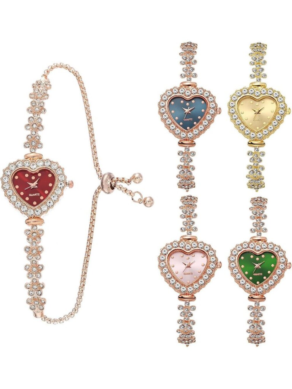 Women 's Multi Color 5Pcs Diamond Heart Shaped Flower Analog Quartz Wrist Watch